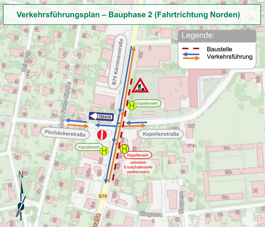 Symbolische Darstellung des Baustellenbereiches während der Bauphase 2. Diese dauert rund 3 Wochen.