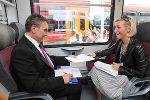 Gen.Dir. Franz Weintögl und LR. Kristina Edlinger-Ploder auf der Inno-Trans- Berlin, wo der Verkehrsdienstvertrag feierlich im neuen Triebwagen unterzeichnet wurde.  © Jürgen Radspieler