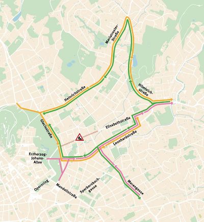 Umleitungsstrecke während der Nachtsperre der Elisabethstraße